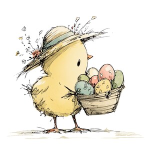 May include: Watercolor illustration of a yellow chick wearing a straw hat with floral accents. The chick carries a basket filled with pastel-colored Easter eggs. The artwork has a whimsical, hand-drawn style, perfect for Easter-themed products.