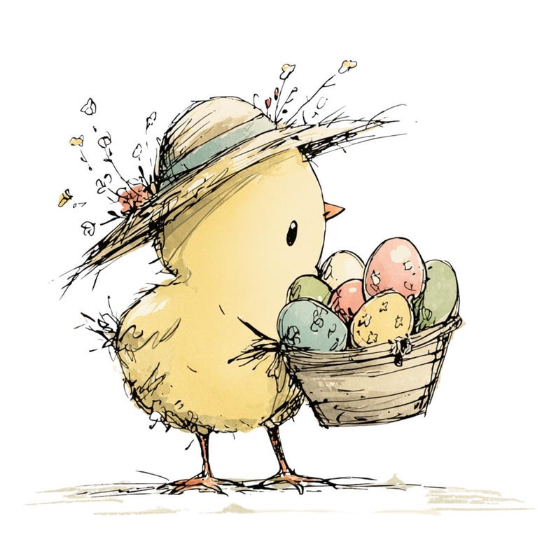 May include: Watercolor illustration of a yellow chick wearing a straw hat with floral accents. The chick carries a basket filled with pastel-colored Easter eggs. The artwork has a whimsical, hand-drawn style, perfect for Easter-themed products.