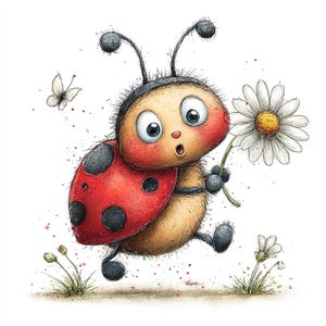 Peut inclure: Illustration fantaisiste d'une coccinelle de dessin anim&eacute;, surprise, tenant une marguerite. La coccinelle a une carapace rouge &agrave; pois noirs, un corps beige et de grands yeux bleus. Un papillon blanc et de petites fleurs sont &eacute;galement pr&eacute;sents.