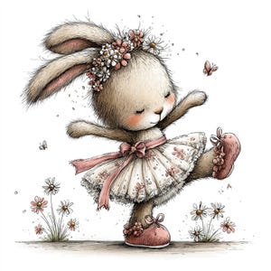 May include: A watercolor illustration of a dancing bunny wearing a floral crown, pink ballet shoes, and a tutu. The bunny is light brown with pink accents, and the tutu is white with pink floral details. Butterflies and daisies are also present.