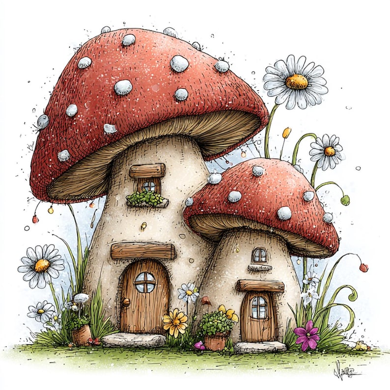 May include: A whimsical illustration of two mushroom houses with red caps dotted with white spots. The houses have wooden doors and windows, surrounded by daisies, grass, and other flowers. The artwork has a fairytale theme.