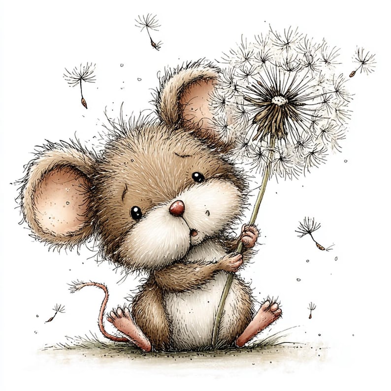 May include: A cute cartoon mouse with brown fur and a pink nose, holding a dandelion. The image shows the mouse sitting on grass, with dandelion seeds floating around. The artwork is set against a white background.