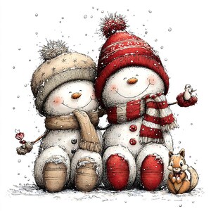 Op de afbeelding: Een grillige illustratie van twee lachende sneeuwmannen met wintermutsen en sjaals. E&eacute;n draagt een rood-wit gestreepte sjaal en muts, de ander een beige muts en sjaal. Een eekhoorn zit in de buurt.