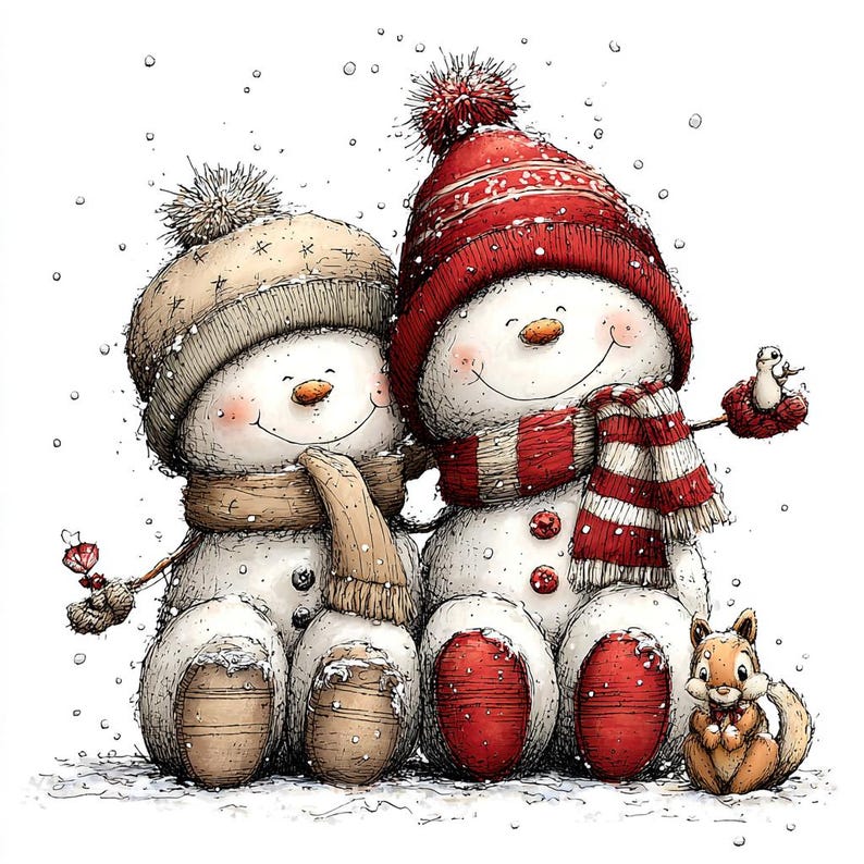 Op de afbeelding: Een grillige illustratie van twee lachende sneeuwmannen met wintermutsen en sjaals. E&eacute;n draagt een rood-wit gestreepte sjaal en muts, de ander een beige muts en sjaal. Een eekhoorn zit in de buurt.