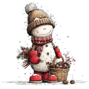 Op de afbeelding: Illustratie van een sneeuwpop. De sneeuwpop draagt een bruine gebreide muts, een rood-witte geruite sjaal en rode wanten en laarzen. Hij draagt een bosje groen en een mand vol dennenappels en bessen. Sneeuwvlokken vallen.