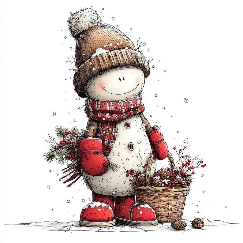 Op de afbeelding: Illustratie van een sneeuwpop. De sneeuwpop draagt een bruine gebreide muts, een rood-witte geruite sjaal en rode wanten en laarzen. Hij draagt een bosje groen en een mand vol dennenappels en bessen. Sneeuwvlokken vallen.