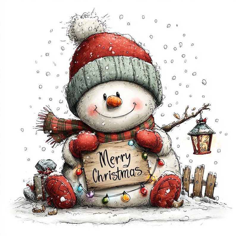May include: A snowman wearing a red and gray knit hat, red mittens, and a red plaid scarf. It holds a wooden sign with the text Merry Christmas, decorated with colorful string lights. A lantern hangs from a stick arm near a small wooden fence.