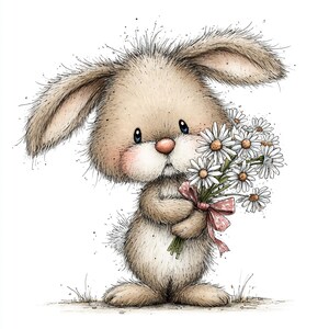 May include: A cute, cartoon-style illustration of a bunny holding a bouquet of daisies. The bunny is light brown with a pink nose and cheeks, and the daisies have white petals and yellow centers. A pink ribbon ties the bouquet.