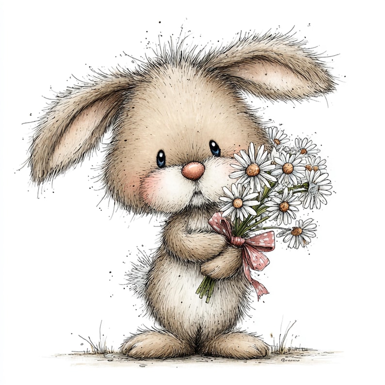 May include: A cute, cartoon-style illustration of a bunny holding a bouquet of daisies. The bunny is light brown with a pink nose and cheeks, and the daisies have white petals and yellow centers. A pink ribbon ties the bouquet.