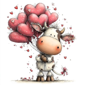 Puede incluir: Ilustración de dibujos animados de una vaca sosteniendo un montón de globos en forma de corazón rosa. La vaca tiene manchas marrones y blancas, una nariz rosa y un lazo rojo en la cola. Pequeños corazones rojos flotan alrededor de la vaca.