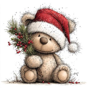 K&ouml;nnte beinhalten: Eine Illustration eines Teddyb&auml;ren mit rotem Weihnachtsm&uuml;tze und wei&szlig;em Rand. Der B&auml;r h&auml;lt einen Zweig mit roten Beeren. Die Illustration hat einen weichen, strukturierten Stil, ideal f&uuml;r weihnachtliche Produkte.