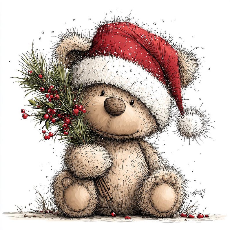 K&ouml;nnte beinhalten: Eine Illustration eines Teddyb&auml;ren mit rotem Weihnachtsm&uuml;tze und wei&szlig;em Rand. Der B&auml;r h&auml;lt einen Zweig mit roten Beeren. Die Illustration hat einen weichen, strukturierten Stil, ideal f&uuml;r weihnachtliche Produkte.