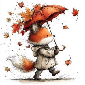 May include: A cartoon fox wearing a tan coat and boots, holding an orange umbrella with autumn leaves. The fox has orange fur and a white face, walking in the rain with falling leaves.