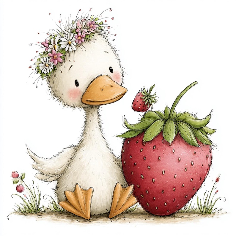 May include: A charming illustration of a white duckling wearing a floral crown, seated next to a large red strawberry. The duckling has an orange beak and feet, with a small strawberry perched on top of the large one. The style is soft and whimsical.
