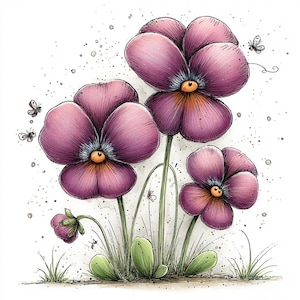 Puede incluir: Ilustraci&oacute;n en acuarela de pensamientos morados con centros naranjas y tallos y hojas verdes. Las flores est&aacute;n rodeadas de peque&ntilde;as mariposas y hierba, sobre un fondo blanco con sutiles salpicaduras.