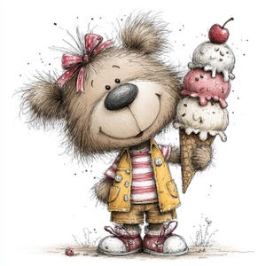 May include: A cartoon illustration of a smiling teddy bear holding a triple-scoop ice cream cone topped with a cherry. The bear wears a red bow, a yellow vest, a striped shirt, shorts, and red sneakers. The ice cream has white and pink scoops.