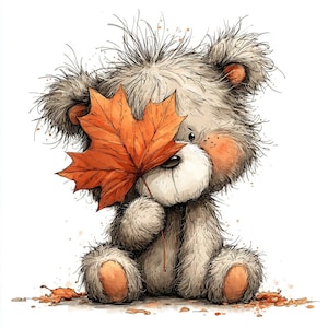 May include: An illustration of a teddy bear with light brown, fluffy fur, holding an orange maple leaf in front of its face. The bear has rosy cheeks and is sitting down. The image has an autumnal theme, with scattered leaves.
