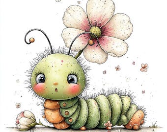 33 JPG Whimsical Spring Caterpillar Clipart – Cute Quirky Bug Art with Flowers for Kids & Nursery JPG