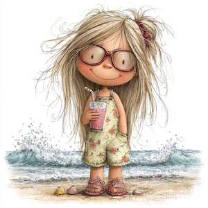 Op de afbeelding: Een cartoon illustratie van een meisje met lang blond haar, een bril en een bloemenromper. Ze houdt een roze drankje met een rietje vast op een strand met golven en schelpen. Het meisje lacht.