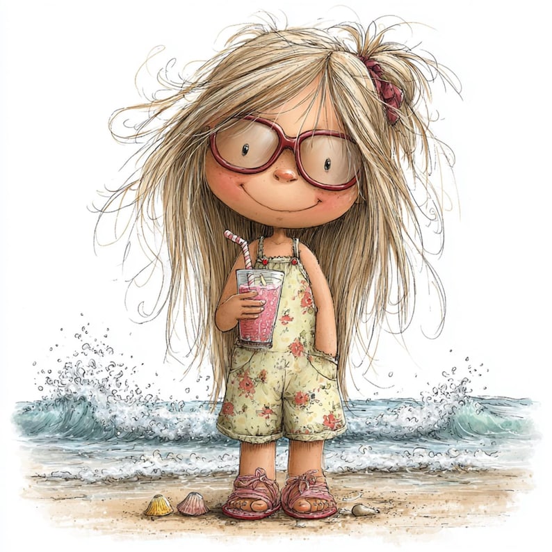 Op de afbeelding: Een cartoon illustratie van een meisje met lang blond haar, een bril en een bloemenromper. Ze houdt een roze drankje met een rietje vast op een strand met golven en schelpen. Het meisje lacht.
