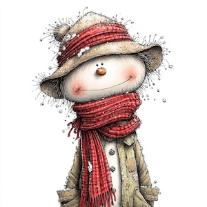 Puede incluir: Ilustraci&oacute;n caprichosa de un mu&ntilde;eco de nieve con un sombrero beige, una bufanda roja y un abrigo beige. El mu&ntilde;eco de nieve tiene una nariz de zanahoria, mejillas rosadas y una sonrisa alegre. El sombrero tiene un pomp&oacute;n y la bufanda est&aacute; alrededor del cuello.