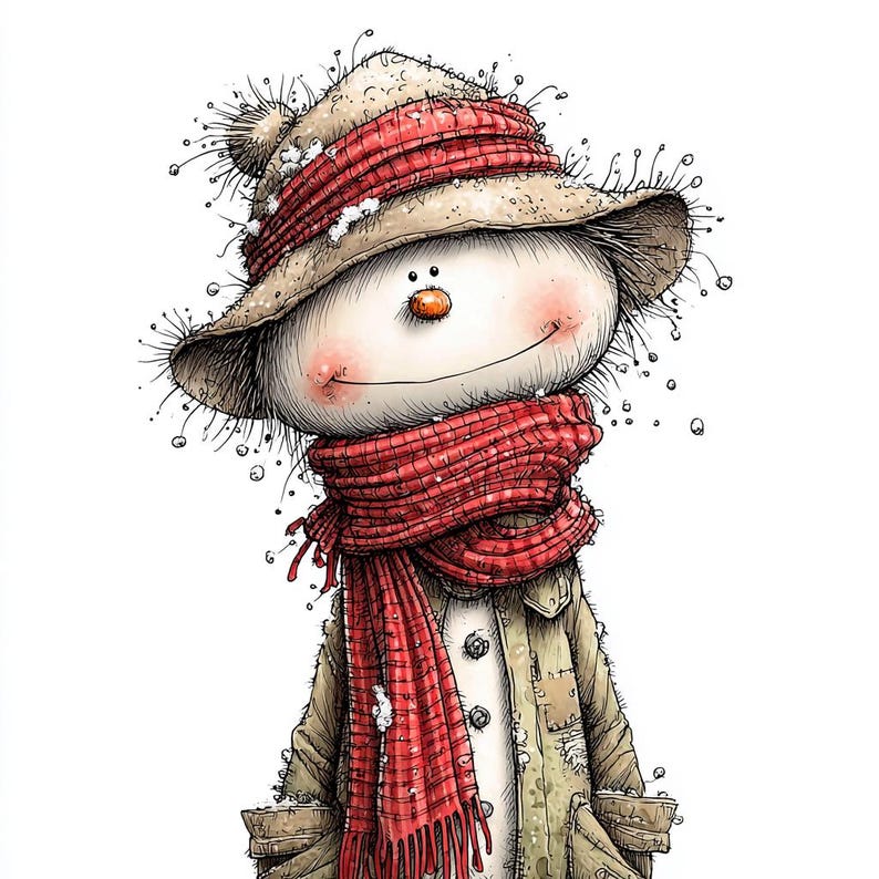Puede incluir: Ilustraci&oacute;n caprichosa de un mu&ntilde;eco de nieve con un sombrero beige, una bufanda roja y un abrigo beige. El mu&ntilde;eco de nieve tiene una nariz de zanahoria, mejillas rosadas y una sonrisa alegre. El sombrero tiene un pomp&oacute;n y la bufanda est&aacute; alrededor del cuello.