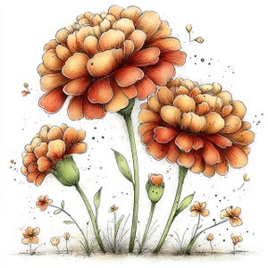 Puede incluir: Ilustraci&oacute;n en acuarela de flores naranjas y amarillas con tallos y hojas verdes. Las flores tienen m&uacute;ltiples capas de p&eacute;talos y est&aacute;n rodeadas de flores m&aacute;s peque&ntilde;as y hierba. El fondo es blanco con peque&ntilde;as motas negras.