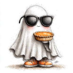 May include: A whimsical illustration of a cartoon ghost wearing black sunglasses and orange sneakers. The ghost is holding a small pumpkin pie. The ghost has rosy cheeks and is smiling. The image is drawn in a detailed, pen-and-ink style.