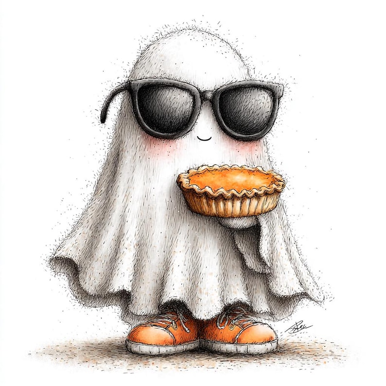 May include: A whimsical illustration of a cartoon ghost wearing black sunglasses and orange sneakers. The ghost is holding a small pumpkin pie. The ghost has rosy cheeks and is smiling. The image is drawn in a detailed, pen-and-ink style.