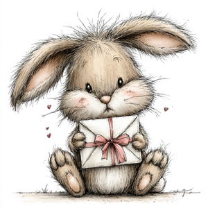 May include: A whimsical illustration of a fluffy brown bunny holding a white envelope tied with a pink ribbon. The bunny has large ears, rosy cheeks, and is surrounded by small red hearts. The artwork has a soft, textured appearance.