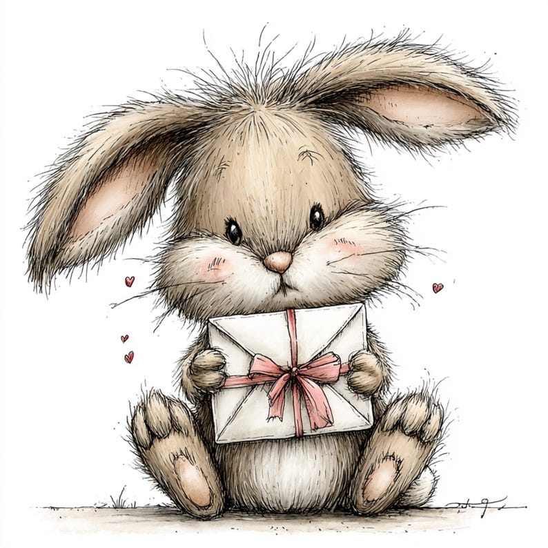 May include: A whimsical illustration of a fluffy brown bunny holding a white envelope tied with a pink ribbon. The bunny has large ears, rosy cheeks, and is surrounded by small red hearts. The artwork has a soft, textured appearance.