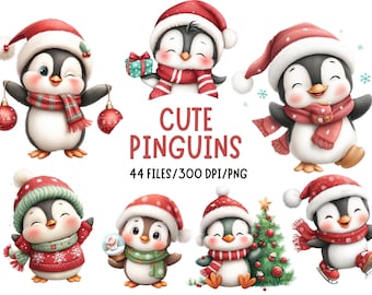 Christmas Penguins Clipart bundle,X-mas clipart,Holiday Penguin Illustrations designs,Festive Art,Digital Download,Commercial Use