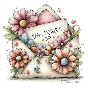 May include: Watercolor illustration of an envelope overflowing with flowers. The envelope contains a card that reads "HAPPY MOTHER'S DAY". The flowers are in shades of pink, orange, and blue, with green leaves and small red hearts scattered around.