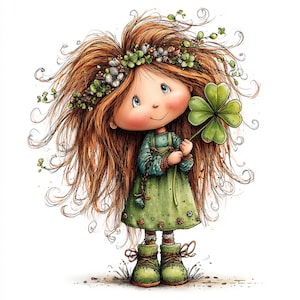 Puede incluir: Ilustración de dibujos animados de una niña con largo cabello castaño rojizo y una corona floral. Lleva un vestido y botas verdes, sosteniendo un trébol de cuatro hojas. La imagen tiene una cualidad caprichosa, de cuento de hadas, con colores suaves y una expresión alegre.