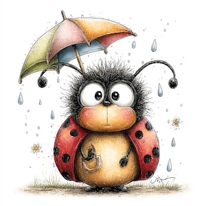 Peut inclure: Illustration fantaisiste d'une coccinelle sous un parapluie color&eacute; sous la pluie. La coccinelle a une carapace rouge &agrave; pois noirs, de grands yeux et une expression triste. Des gouttes de pluie et des fleurs sont dispers&eacute;es.