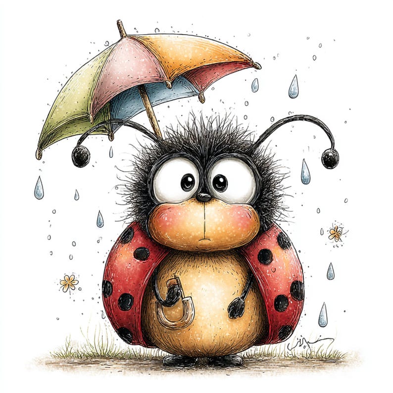Peut inclure: Illustration fantaisiste d'une coccinelle sous un parapluie color&eacute; sous la pluie. La coccinelle a une carapace rouge &agrave; pois noirs, de grands yeux et une expression triste. Des gouttes de pluie et des fleurs sont dispers&eacute;es.