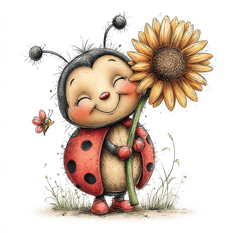 Peut inclure: Illustration d'une coccinelle souriante tenant un grand tournesol. La coccinelle est rouge avec des points noirs et une t&ecirc;te noire. Une petite abeille rose vole &agrave; proximit&eacute;. L'&oelig;uvre a un style doux &agrave; l'aquarelle.