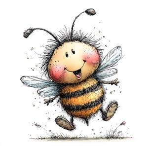 May include: A whimsical illustration of a cartoon bee with a smiling face and rosy cheeks. The bee has a yellow and black striped body, transparent wings, and is depicted jumping with joy. The artwork is detailed with ink and watercolor style.