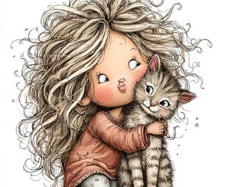 43 JPG Whimsical Girl with Cat Clipart – Cute Child & Kitten–Scrapbooking Children’s Books - Commercial Use