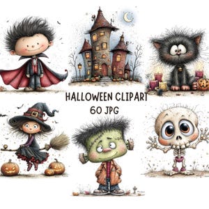 May include: A collection of whimsical Halloween-themed illustrations. The image features a cartoon vampire, a spooky castle, a black cat, a witch on a broom, Frankenstein's monster, and a skeleton. The text "HALLOWEEN CLIPART 60 JPG" is also included.