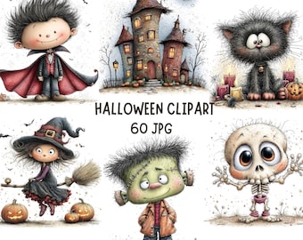55 JPG Whimsical Spooky Halloween Clipart – Funny Monsters Pumpkins Ghosts JPG Collection | Commercial Use