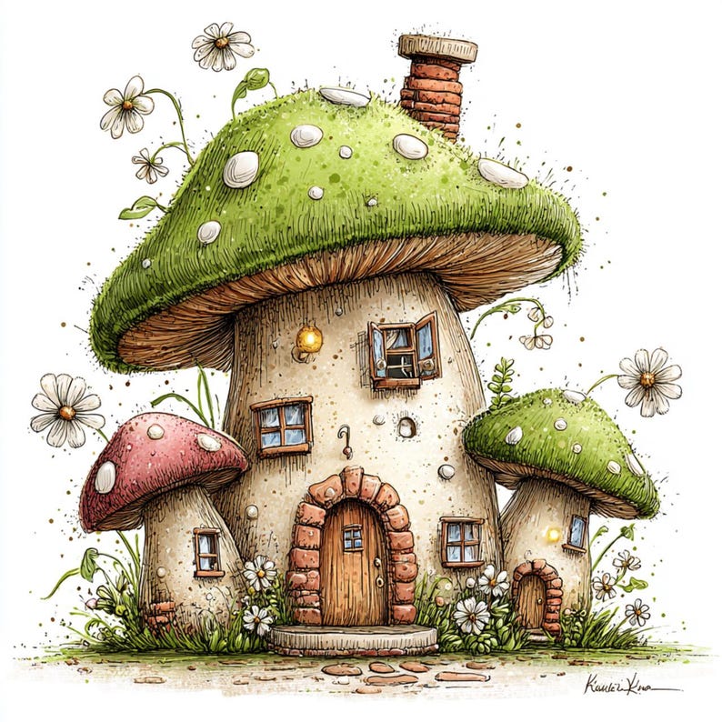 May include: A whimsical illustration of a mushroom house with a green cap dotted with white spots. The house has a brick chimney, arched doorway, and small windows. Additional mushroom structures and daisies surround the house, creating a fairy tale scene.