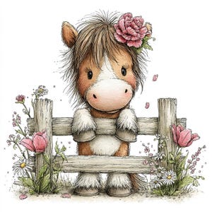 May include: A charming watercolour illustration of a pony with brown and white fur, adorned with a pink flower crown, positioned behind a wooden fence. The image is framed by pink flowers and daisies, creating a whimsical and delightful scene.