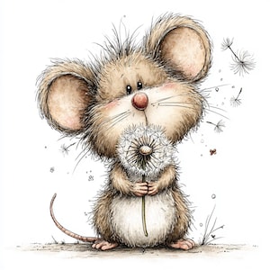May include: A charming cartoon mouse illustration holding a dandelion. The mouse features large ears, a pink nose, and brown fur. Dandelion seeds are scattered around. The artwork is set against a white background.