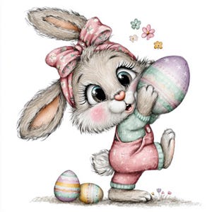 Puede incluir: Una encantadora ilustración de un conejito de Pascua sosteniendo un gran huevo decorado. El conejito lleva un atuendo rosa y una diadema floral a juego. Huevos y flores adicionales de colores pastel están esparcidos alrededor del conejito.