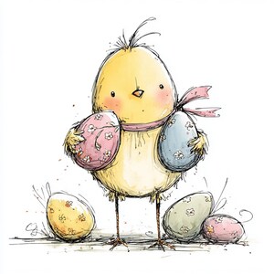 May include: A whimsical illustration of a yellow chick holding two decorated Easter eggs. The chick wears a pink scarf and is surrounded by additional floral-patterned eggs in pastel colors. The artwork has a hand-drawn style with watercolor effects, perfect for Easter.