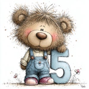 May include: A charming illustration of a teddy bear in blue dungarees and pink shoes, holding a large, pale blue number 5. The bear has a brown nose, pink cheeks, and shaggy brown fur. Small pink flowers and grass are in the foreground.