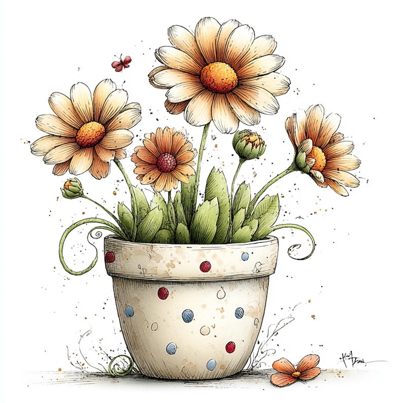 Peut inclure: Illustration &agrave; l'aquarelle de marguerites dans un pot &agrave; pois. Les marguerites ont des p&eacute;tales jaunes et des centres orange. Des feuilles et des bourgeons verts entourent les fleurs. Un petit papillon vole au-dessus. Le pot est blanc cass&eacute; avec des pois rouges et bleus.