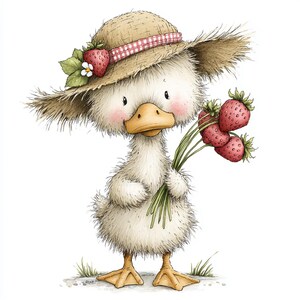 May include: A charming cartoon duckling wearing a straw hat with a red and white checkered band and a strawberry. The duckling holds a bouquet of ripe strawberries. The illustration has a soft, watercolor style with a white background.