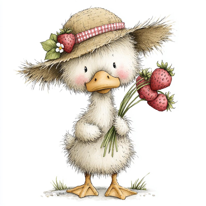 May include: A charming cartoon duckling wearing a straw hat with a red and white checkered band and a strawberry. The duckling holds a bouquet of ripe strawberries. The illustration has a soft, watercolor style with a white background.